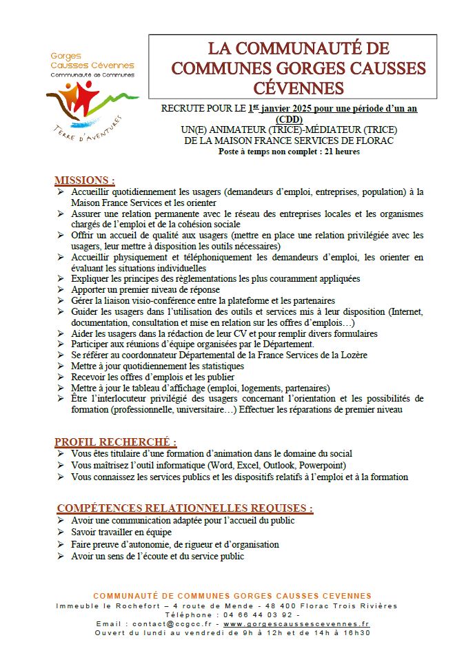 Annonce animateur-médiateur MFS Florac